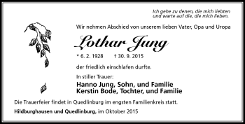 Traueranzeige von Lothar Jung von Südthüringer Presse