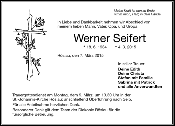 Traueranzeige von Werner Seifert von Frankenpost