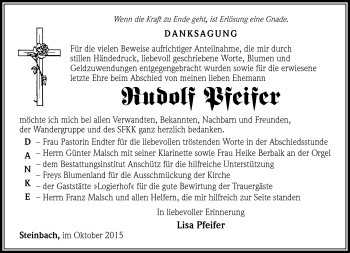 Traueranzeige von Rudolf Pfeifer von Südthüringer Presse