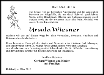 Traueranzeige von Ursula Wiesner von Südthüringer Presse