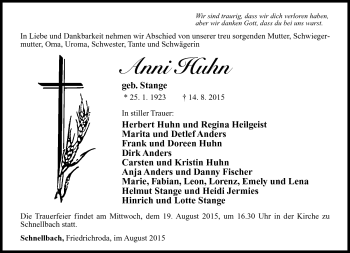 Traueranzeige von Anni Huhn von Südthüringer Presse
