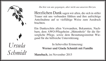 Traueranzeige von Ursula Schmidt von Südthüringer Presse