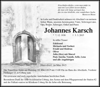 Traueranzeige von Johannes Karsch von Neue Presse Coburg