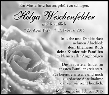 Traueranzeige von Helga Weschenfelder von Südthüringer Presse