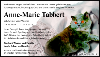Traueranzeige von Anne-Marie Tabbert von Südthüringer Presse