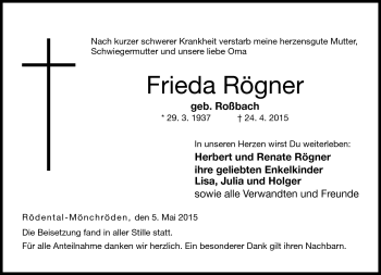 Traueranzeige von Frieda Rögner von Neue Presse Coburg
