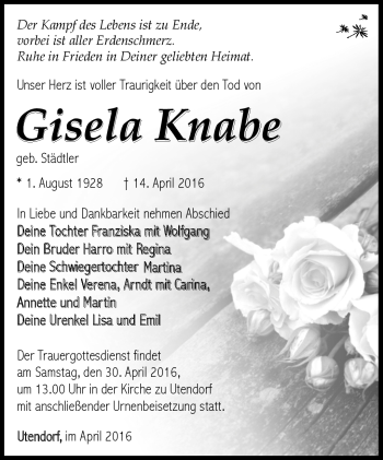 Traueranzeige von Gisela Knabe von Südthüringer Presse