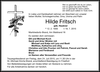 Traueranzeige von Hilde Fritsch von Frankenpost