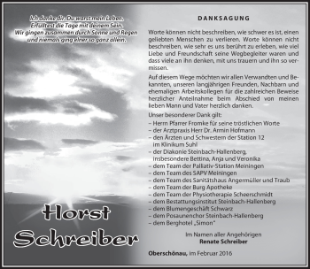 Traueranzeige von Horst Schreiber von Südthüringer Presse