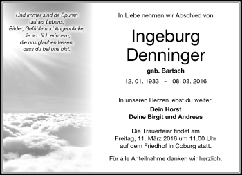 Traueranzeige von Ingeburg Denninger von Neue Presse Coburg