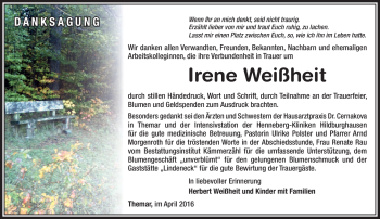 Traueranzeige von Irene Weißheit von Südthüringer Presse