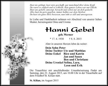 Traueranzeige von Hanni Gebel von Südthüringer Presse