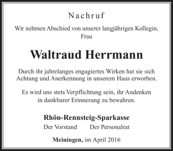 Traueranzeige von Waltraud Herrmann von Südthüringer Presse
