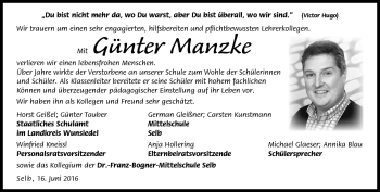 Traueranzeige von Günter Manzke von Frankenpost