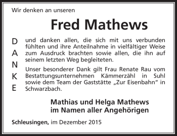 Traueranzeige von Fred Mathews von Südthüringer Presse