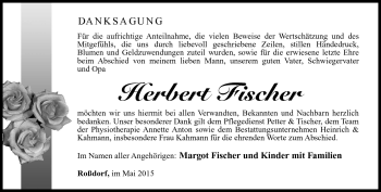 Traueranzeige von Herbert Fischer von Südthüringer Presse