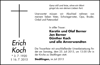Traueranzeige von Erich Koch von Südthüringer Presse