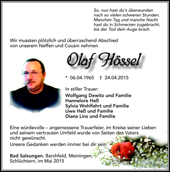 Traueranzeige von Olaf Hössel von Südthüringer Presse