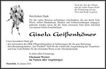 Traueranzeige von Gisela Geißenhöner von Südthüringer Presse