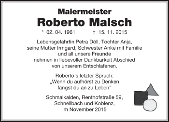 Traueranzeige von Roberto Malsch von Südthüringer Presse