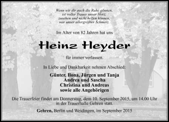 Traueranzeige von Heinz Heyder von Südthüringer Presse