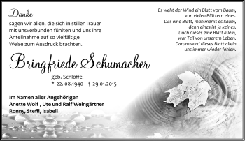 Traueranzeige von Bringfriede Schumacher von Südthüringer Presse