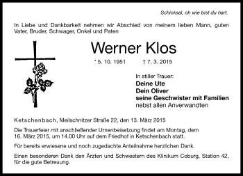 Traueranzeige von Werner Klos von Neue Presse Coburg