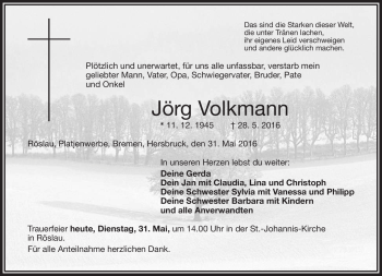 Traueranzeige von Jörg Volkmann von Frankenpost