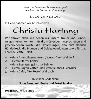 Traueranzeige von Christa Hartung von Südthüringer Presse