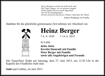 Traueranzeige von Heinz Berger von Südthüringer Presse