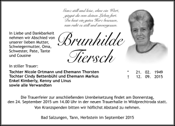Traueranzeige von Brunhilde Tiersch von Südthüringer Presse