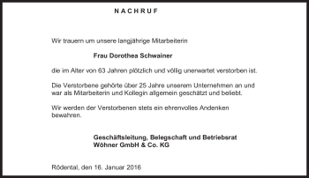 Traueranzeige von Dorothea Schwainer von Neue Presse Coburg