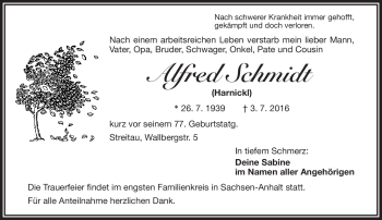Traueranzeige von Alfred Schmidt von Frankenpost