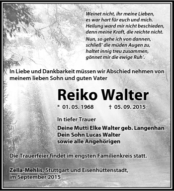 Traueranzeige von Reiko Walter von Südthüringer Presse