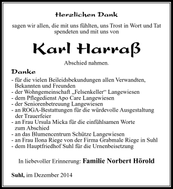 Traueranzeige von Karl Harraß von Südthüringer Presse