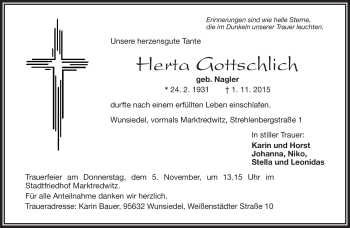Traueranzeige von Herta Gottschlich von Frankenpost