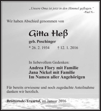 Traueranzeige von Gitta Heß von Südthüringer Presse