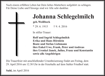 Traueranzeige von Johanna Schlegelmilch von Südthüringer Presse