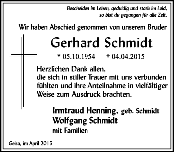 Traueranzeige von Gerhard Schmidt von Südthüringer Presse