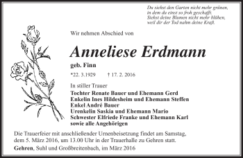 Traueranzeige von Anneliese Erdmann von Südthüringer Presse