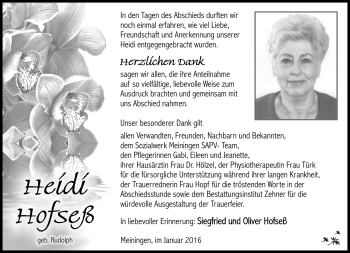 Traueranzeige von Heidi Hofseß von Südthüringer Presse