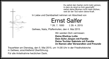 Traueranzeige von Ernst Salfer von Frankenpost