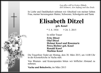 Traueranzeige von Elisabeth Ditzel von Südthüringer Presse