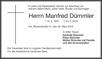 Traueranzeige von Manfred Dümmler von Frankenpost