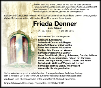 Traueranzeige von Frieda Denner von Südthüringer Presse