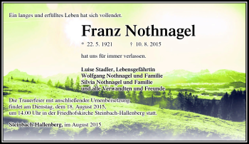 Traueranzeige von Franz Nothnagel von Südthüringer Presse