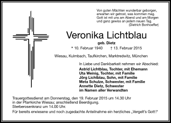 Traueranzeige von Veronika Lichtblau von Frankenpost