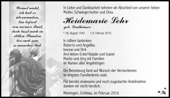 Traueranzeige von Heidemarie Lehr von Südthüringer Presse