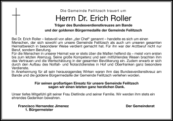 Traueranzeige von Erich Roller von Frankenpost