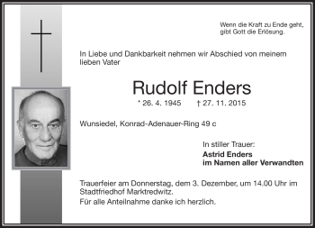 Traueranzeige von Rudolf Enders von Frankenpost